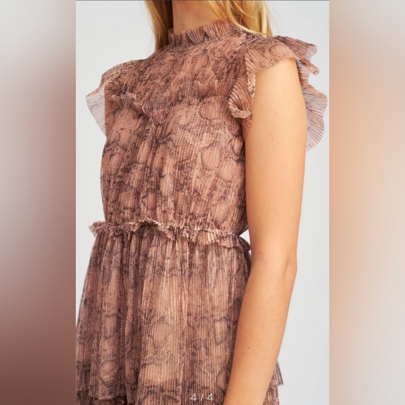 💘 Metallic Snakeskin Print Tiered Ruffle Midi Dress Anthro Rose Gold - Picture 4 of 9